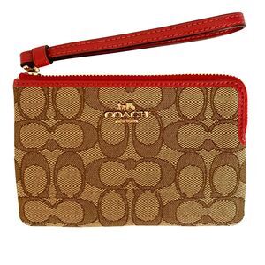 Coach Kahki Canvas Monogram with Red Strap Wristlet